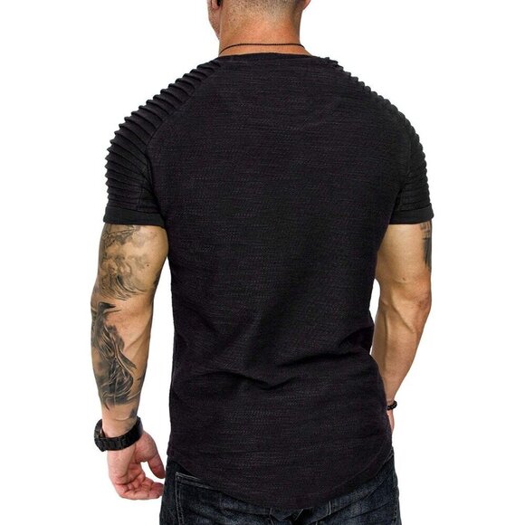 Men Black Muscle TShirt Pleated Raglan Sleeve Hipster Gym Tee Short Sleeve Shirt - Picture 4 of 7